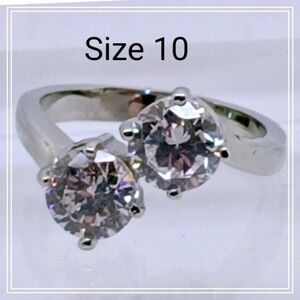 Size 10 Vintage 1990s Two Stone Round Cubic Zirconia Bypass Ring Silver Tone NOS
